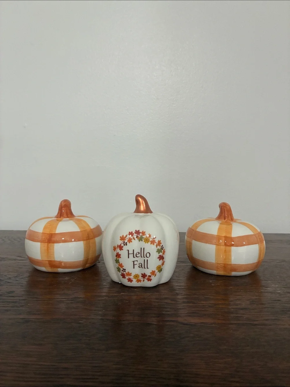 NWT- Hello Fall & Orange & White Striped Ceramic Pumpkins Trio